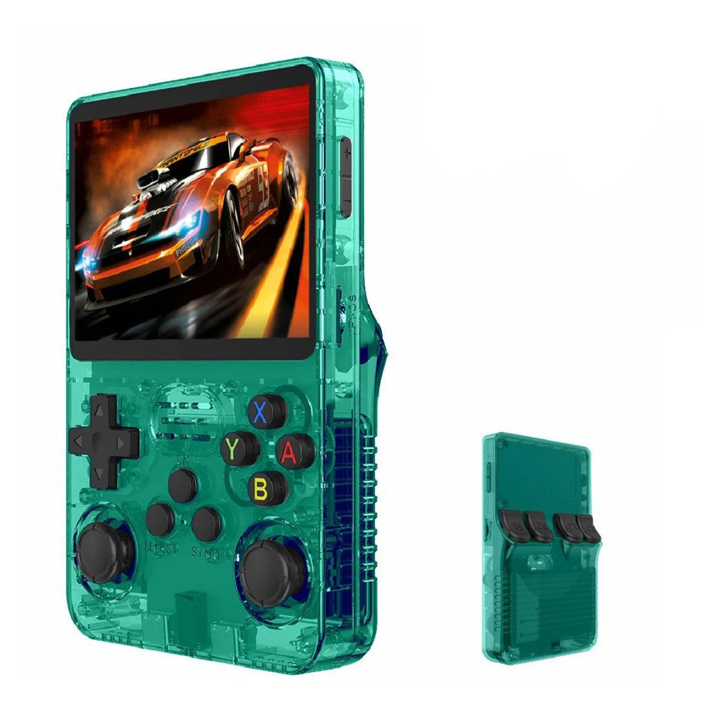 Transparent green handheld gaming console with screen displaying a racing game.